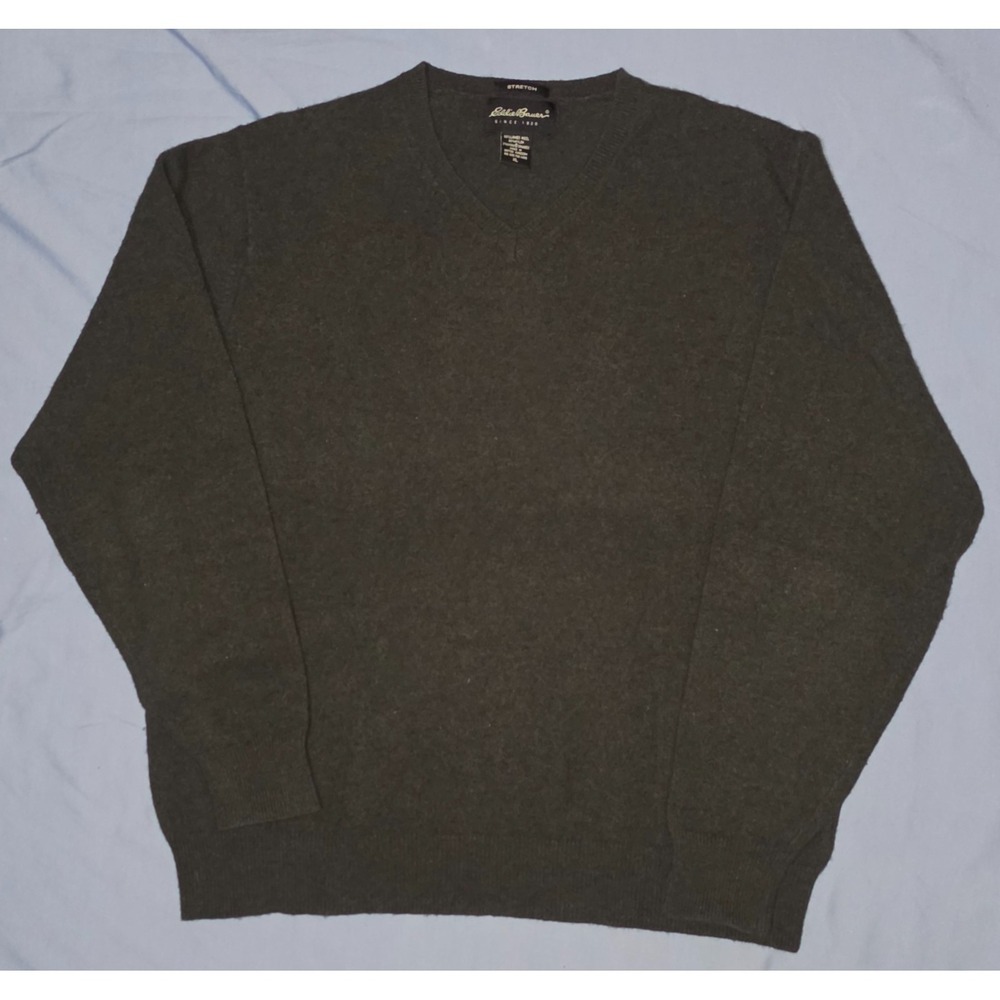VTG Y2K Eddie Bauer V-Neck Sweater Mens XL Green Lambswool Stretch Pullover
